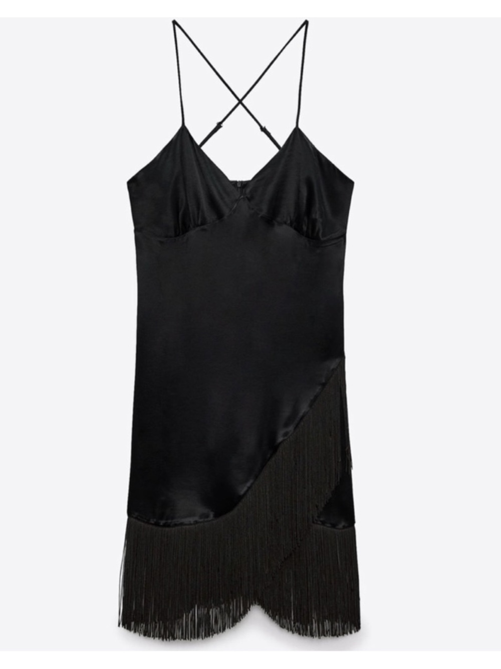 Zara Black Satin Fringe Slip Dress